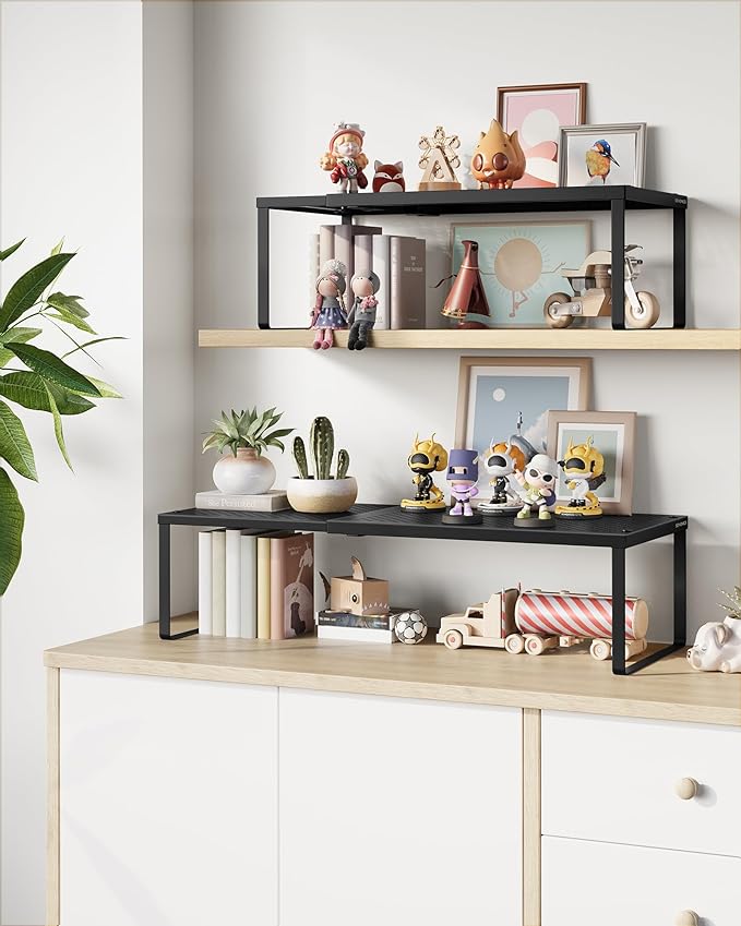 SONGMICS Spice Rack, Expandable Kitchen Countertop Shelf, Small Cupboard Organizer, Metal, Space-Saving Tabletop Shelf, Matte Black UKCS007B01