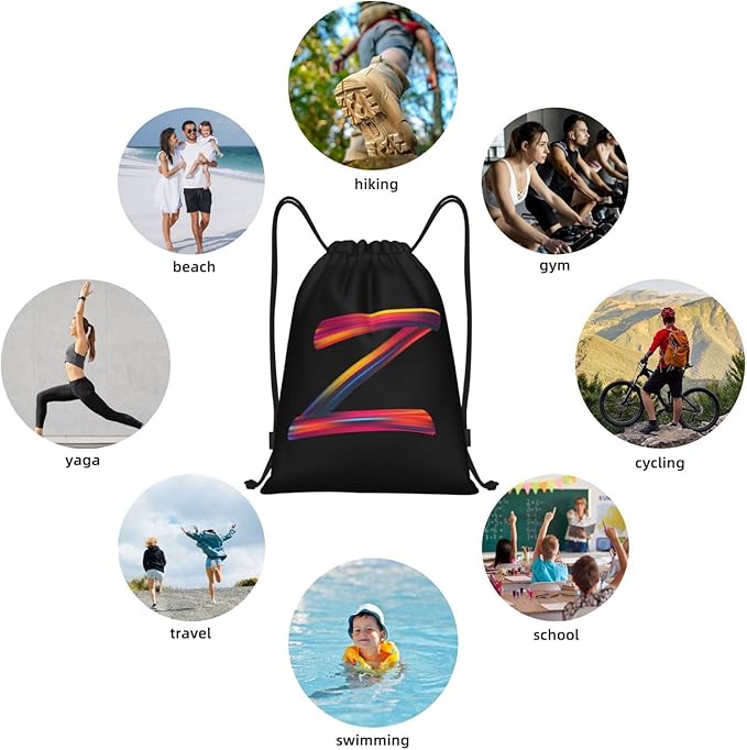 Drawstring Bags Initial Drawstring Backpack Sackpack Black Draw String Cinch Bags for Sports, Gym, Travel, Swimming, Beach, Camping, Rainbow Letter Z