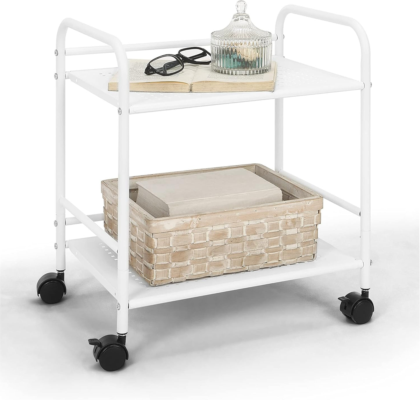 SunnyPoint 2-Tier Metal Rolling Utility Cart – Mobile Storage Shelf with Caster Wheels – Small Space Organizer for Home, Office, Bedroom, Kitchen (WHT)