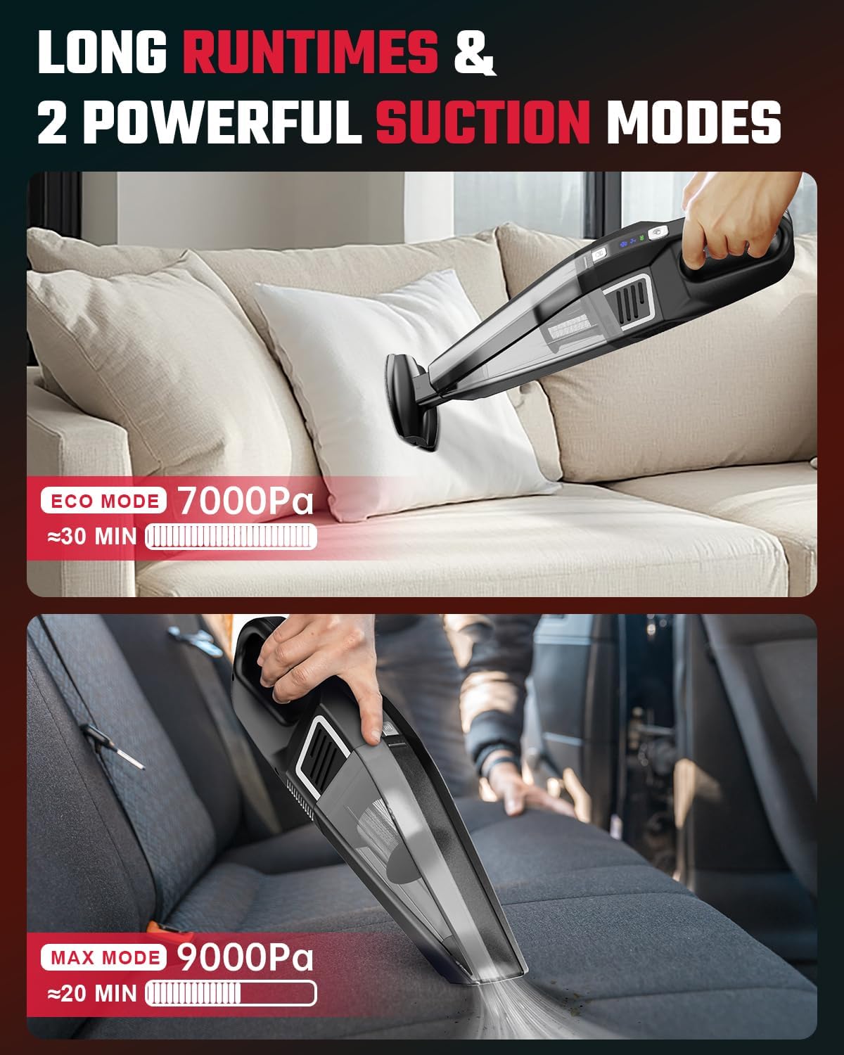 Handheld Vacuum Cordless, 9000PA Strong Suction, 2 Suction Modes, Fast Type-C Charging, Lightweight, Portable Car Vacuum Cleaner with for Home Pet Office