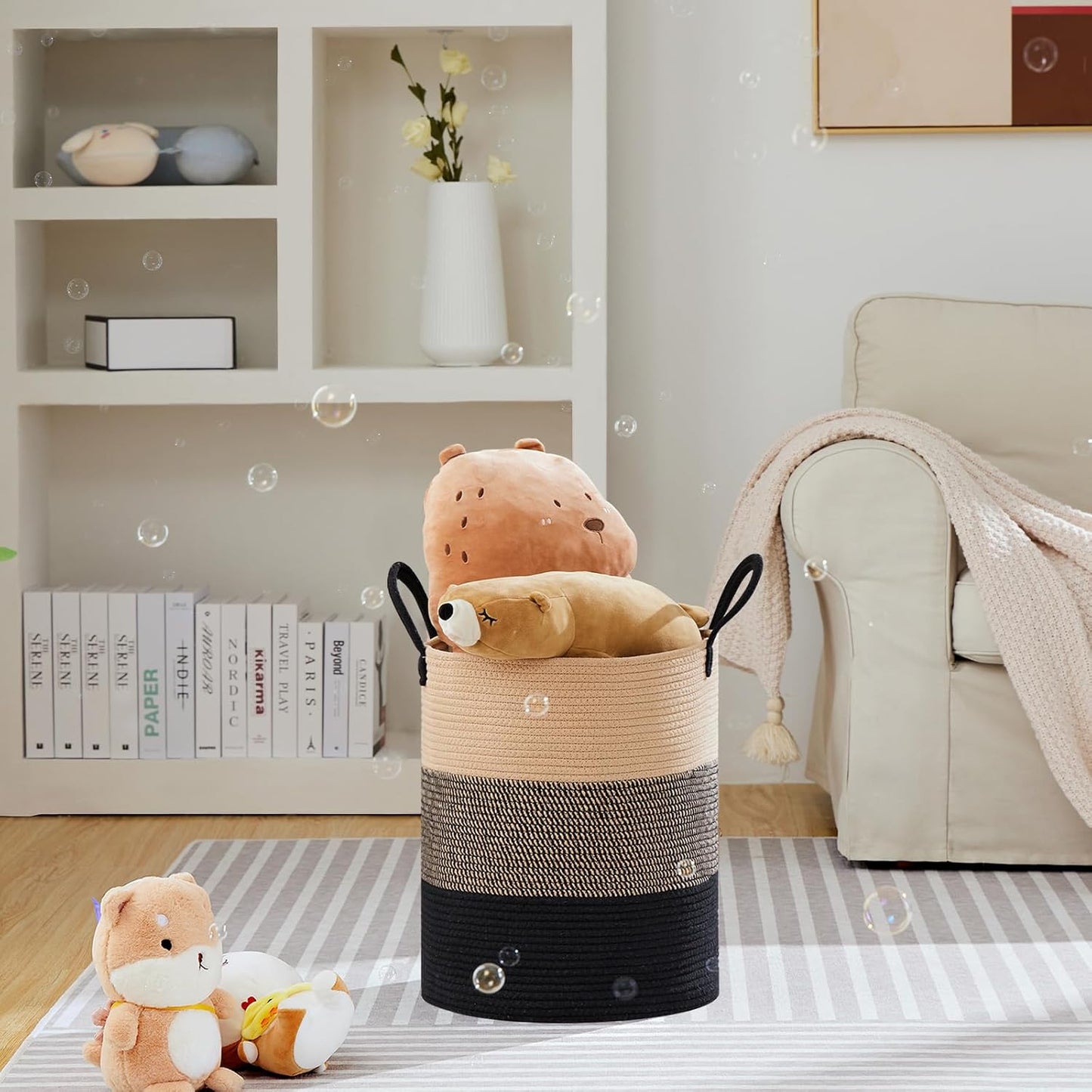 VIPOSCO Large Laundry Hamper, Tall Woven Rope Storage Basket for Blanket, Toys, Dirty Clothes in Living Room, Bathroom, Bedroom - 53L Brown & Black