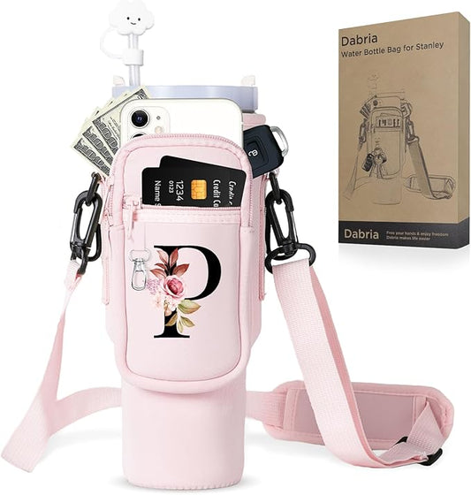 dabria Initial A-Z Water Bottle Bag with Phone Pocket for Stanley 40 oz Tumbler Neoprene Water Bottle Holder Pouch with Adjustable Strap Bollus with Straw Cover & Carabiner for Stanley Cup Accessories