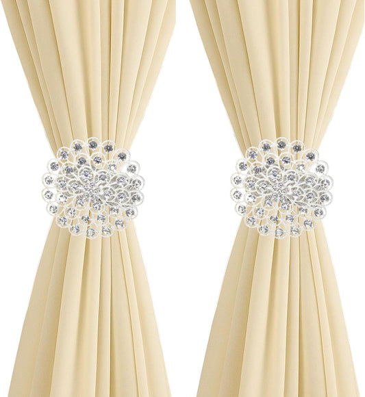 2 Pack Crystal Flower Curtain Tiebacks – Decorative Spring Wire Buckle Clips with Sparkling Rhinestone Flower Design, No Drilling, Easy Fit for Drapes & Sheers (Silver)