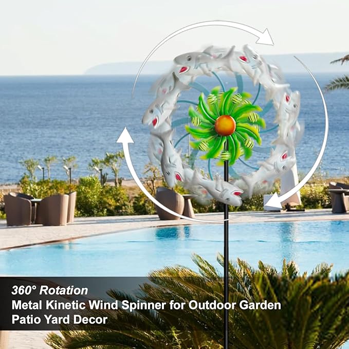 Shark Outdoor Wind Spinners - 39" Ocean-Themed Metal Wind Sculptures Garden Stake Art, 13.5” Windmill Yard Kinetic, Outdoor Decor for Patio & Lawn - Metal Beach Sculpture with Shark Design