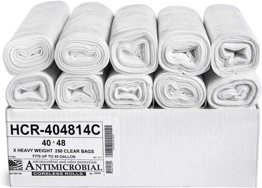 Aluf Plastics High Density Trash Bags, 45 Gallon, 250 Count, 14 Micron (eq), 40" x 48", Clear, for Bathroom, Office, Industrial, Commercial, Janitorial, Municipal, Recycling