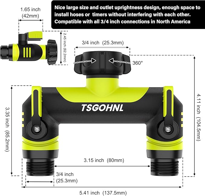 Garden Hose Splitter, 3/4-Inch Hose Manifold, Outdoor Faucet Adapter - Soft TPR Covering - Lightweight Non-Slip Sun-Resistant 2-Way Valve（green）