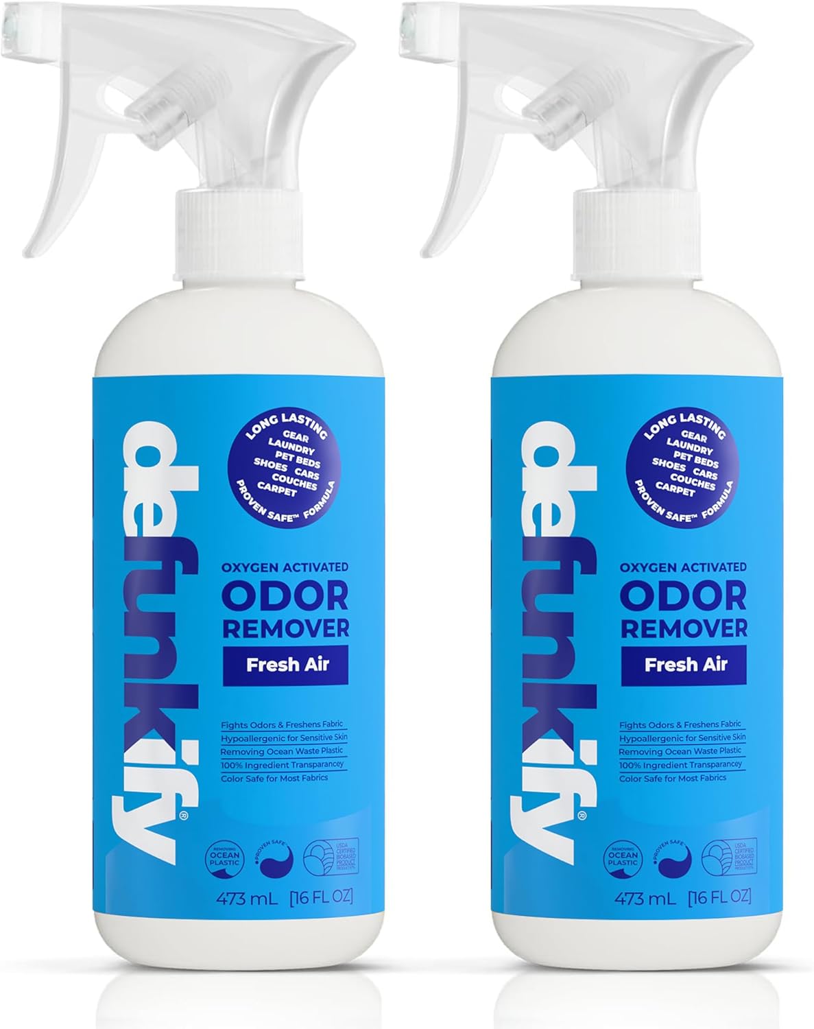 Odor Remover Spray, 16oz (2-Pack). 'Fresh Air' Essential Oil Odor Eliminator for Strong Odors on Fabric, Shoes, Activewear. 'ProvenSafe' Deodorizer for Pets, Kids & Sensitive Gear w/Ionic Silver
