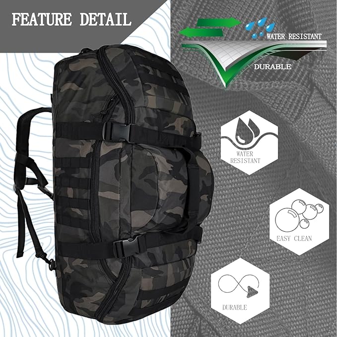 Travel Gym Duffle Bag Tactical, for Men Women Multi-functional Backpack, 3 in 1 Shoulder Bag Backpack Handbag for Sports Hiking Camping, Water Resistant Easy Clean (Black Camo, 55L)