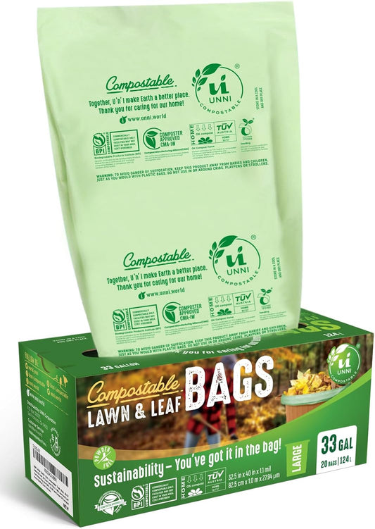 UNNI Compostable Lawn & Leaf Bags, 30-33 Gallon / 124 Liter, 20 Count, Extra Thick 1.1 mil Yard Waste & Food Scrap Liners, Certified by BPI, CMA & OK compost HOME, Meets the ASTM D6400 Standard