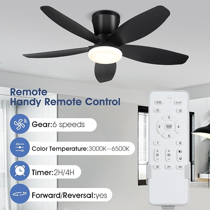 Ceiling Fans with Lights-36 Low Profile Ceiling Fan with Light and Remote/APP Control,Flush Mount,DC Reversible,LED Dimmable Black Ceiling Fans for Bedroom,Indoor/Outdoor Patio Use
