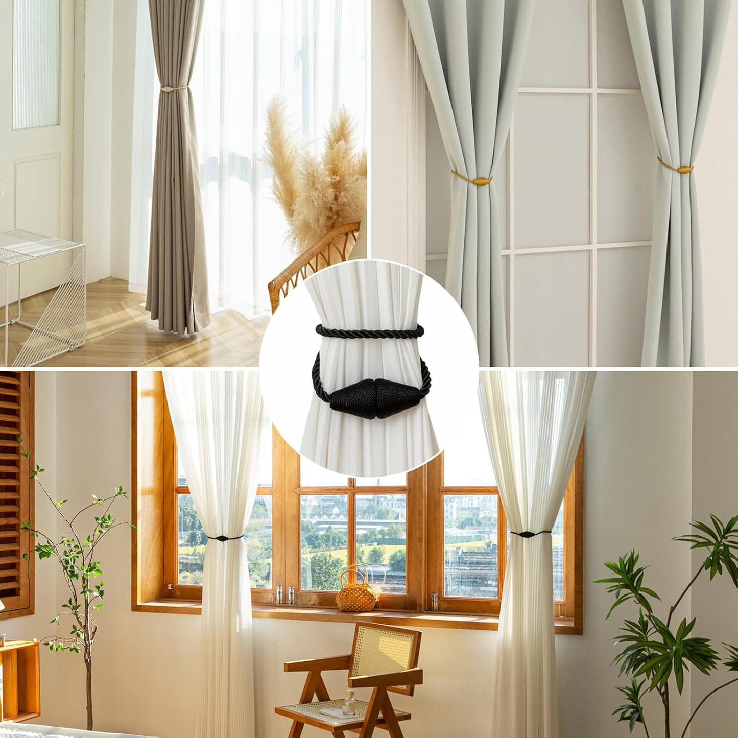 Magnetic Curtain Tiebacks 6 Pack Outdoor Rope Curtain Tie Backs Decorative Window Treatment Holdbacks for Home Decorative Curtain, Black