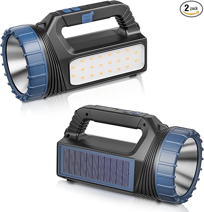 Solar Flashlight，Solar Powered Flashlight for Multi Function 8000 Lumens with Emergency，Portable Bright Camping Rechargeable Flashlights for Home, Outdoor Hiking, Power Outages（2pcs）