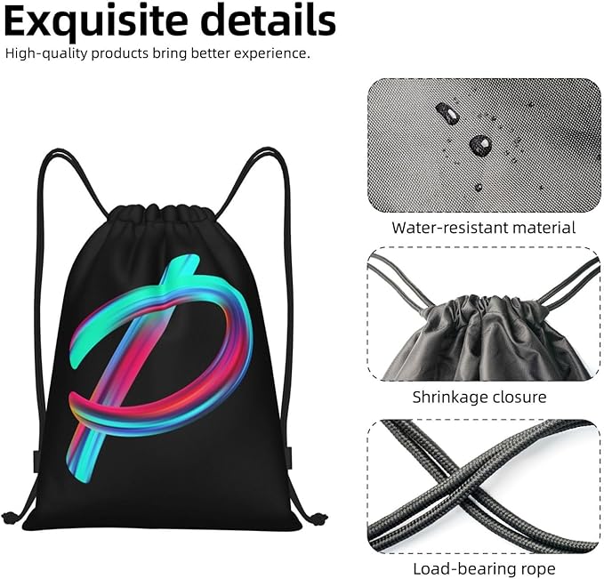 Drawstring Bags Initial Drawstring Backpack Sackpack Black Draw String Cinch Bags for Sports, Gym, Travel, Swimming, Beach, Camping, Rainbow Letter P