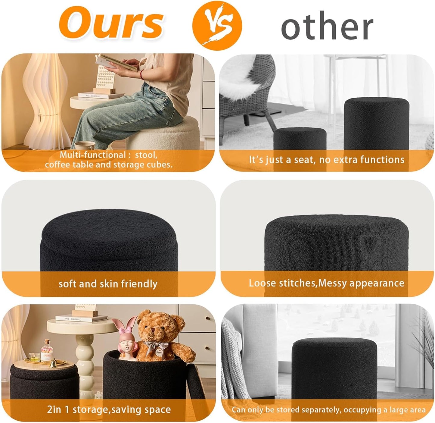 Round Ottoman with Storage Set of 2-Upholstered Sherpa Vanity Stool for Makeup Multifunctional Ottomans Coffee Table Padded Seat Foot Rest for Living Room&Bedroom(Sherpa, Black)