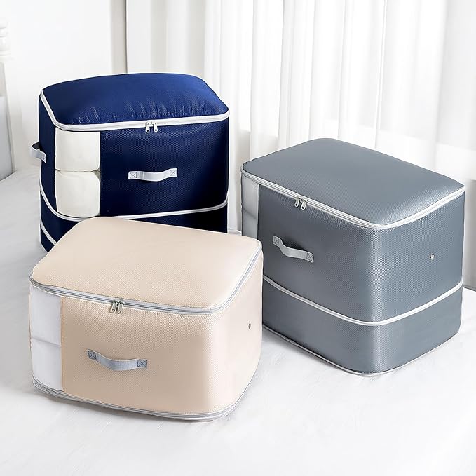 Comforter Storage Bag - 130L Blanket Storage Bags 3-Layer Ultra Space Saving Self Compression Organizer, Washable Compression Bags for Storage Comforter Blanket, 6-Pack, Navy Blue