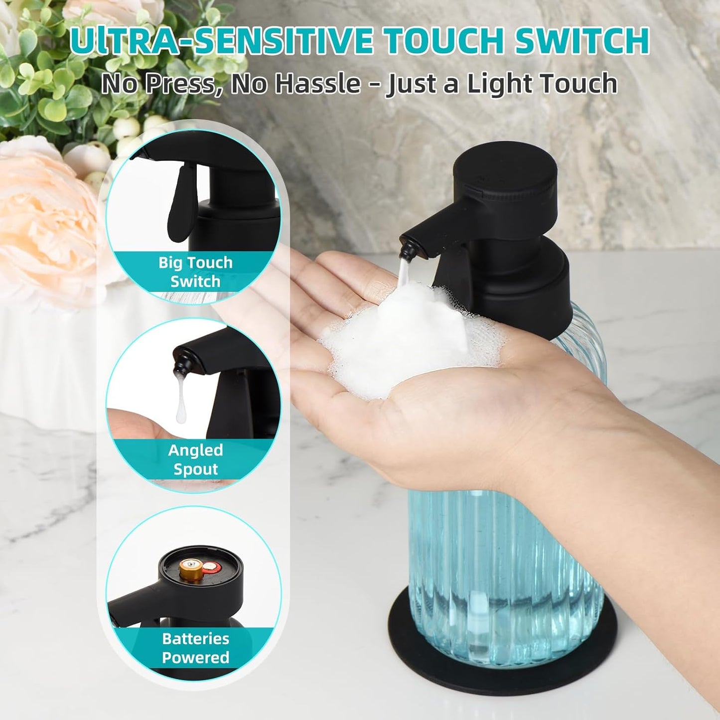 Automatic Foaming Soap Dispenser, 17oz Clear Glass Hand Soap Dispenser with ABS Touch Sensor Pump Battery Operated, Dish/Hand Soap Refillable for Bathroom Kitchen (Black)