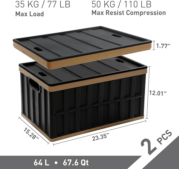 Citylife 64L Collapsible Storage Bins with Lids Plastic Storage Containers for Organizing Stackable Storage Box Large Heavy Duty Utility Crates, 2 Packs