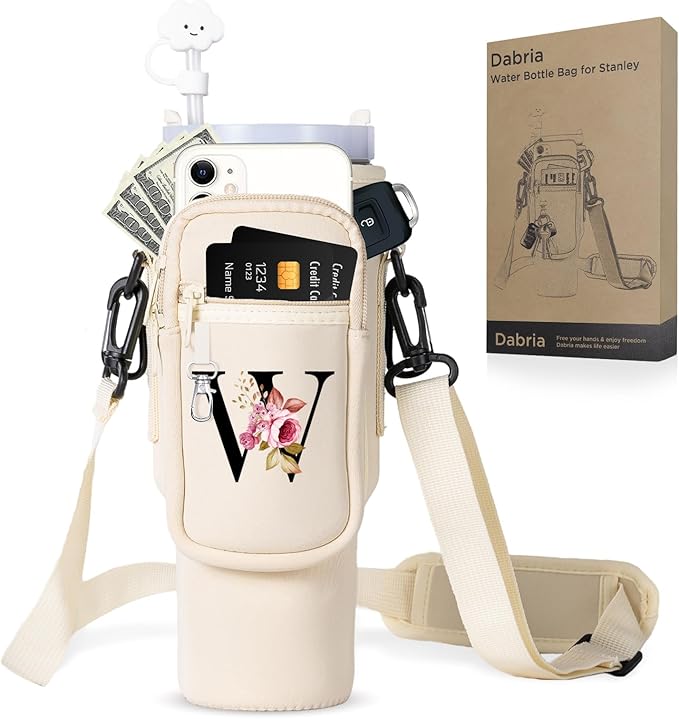 dabria Initial A-Z Water Bottle Bag with Phone Pocket for Stanley 40 oz Tumbler Neoprene Water Bottle Holder Pouch with Adjustable Strap Bollus with Straw Cover & Carabiner for Stanley Cup Accessories
