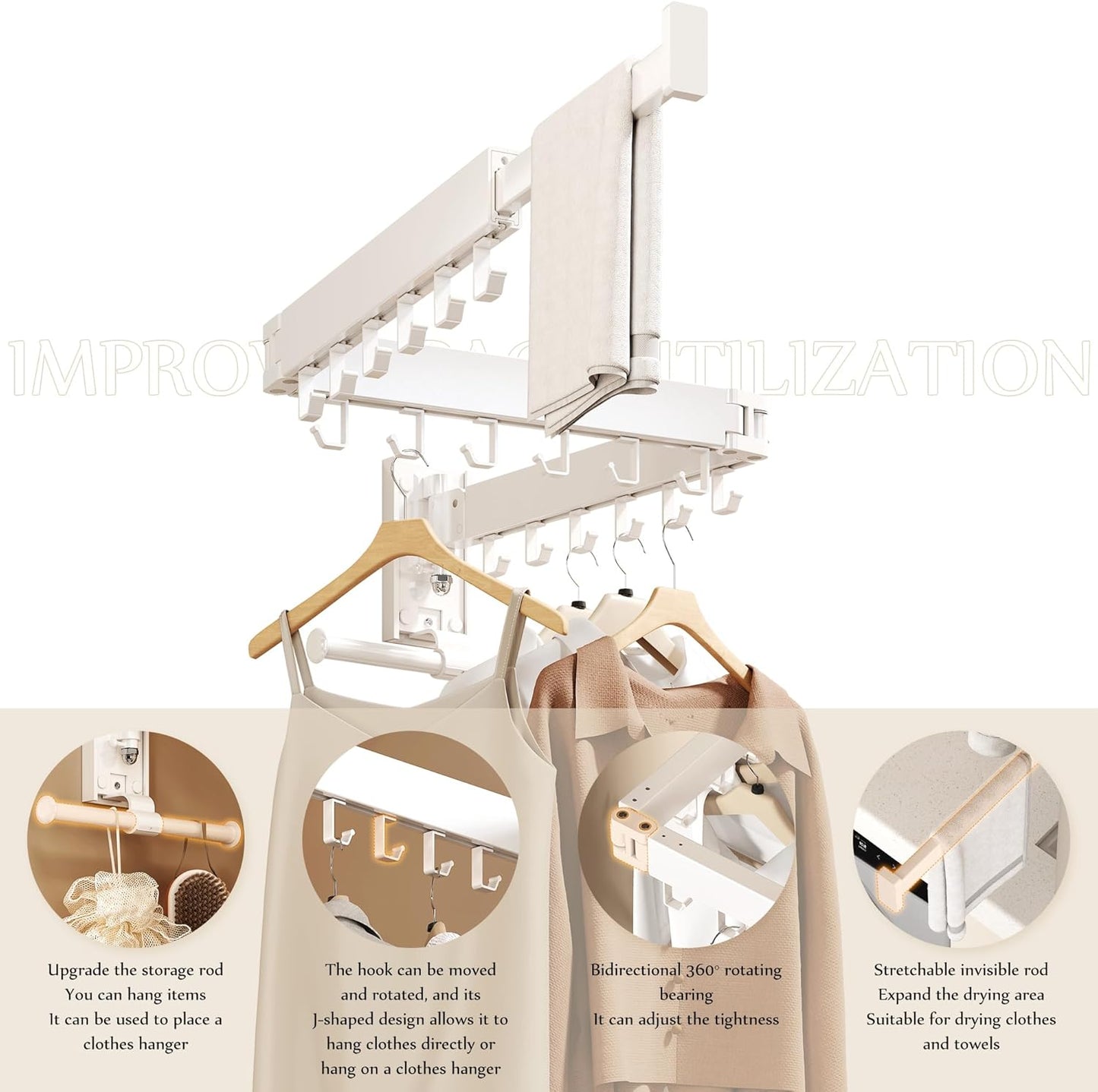 Wall Mounted Collapsible Clothes Drying Rack, Space-Saving Laundry Drying Rack Clothing Hanger, Durable Foldable Design Extends Left, Right & Up for Upgraded Versatility