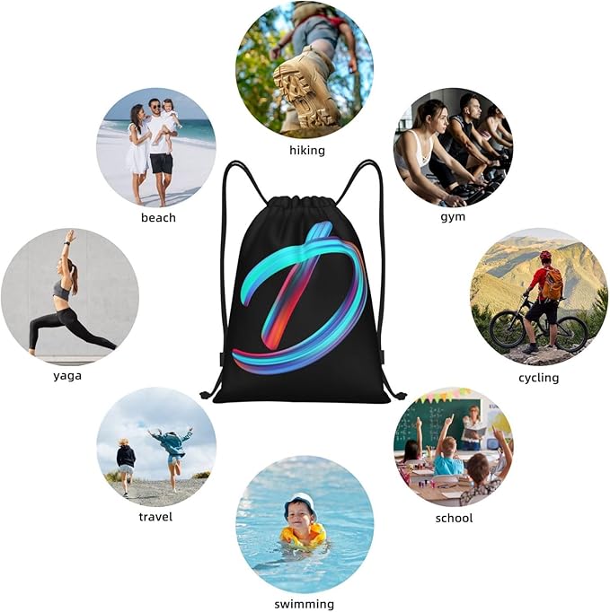 Drawstring Bags Initial Drawstring Backpack Sackpack Black Draw String Cinch Bags for Sports, Gym, Travel, Swimming, Beach, Camping, Rainbow Letter D