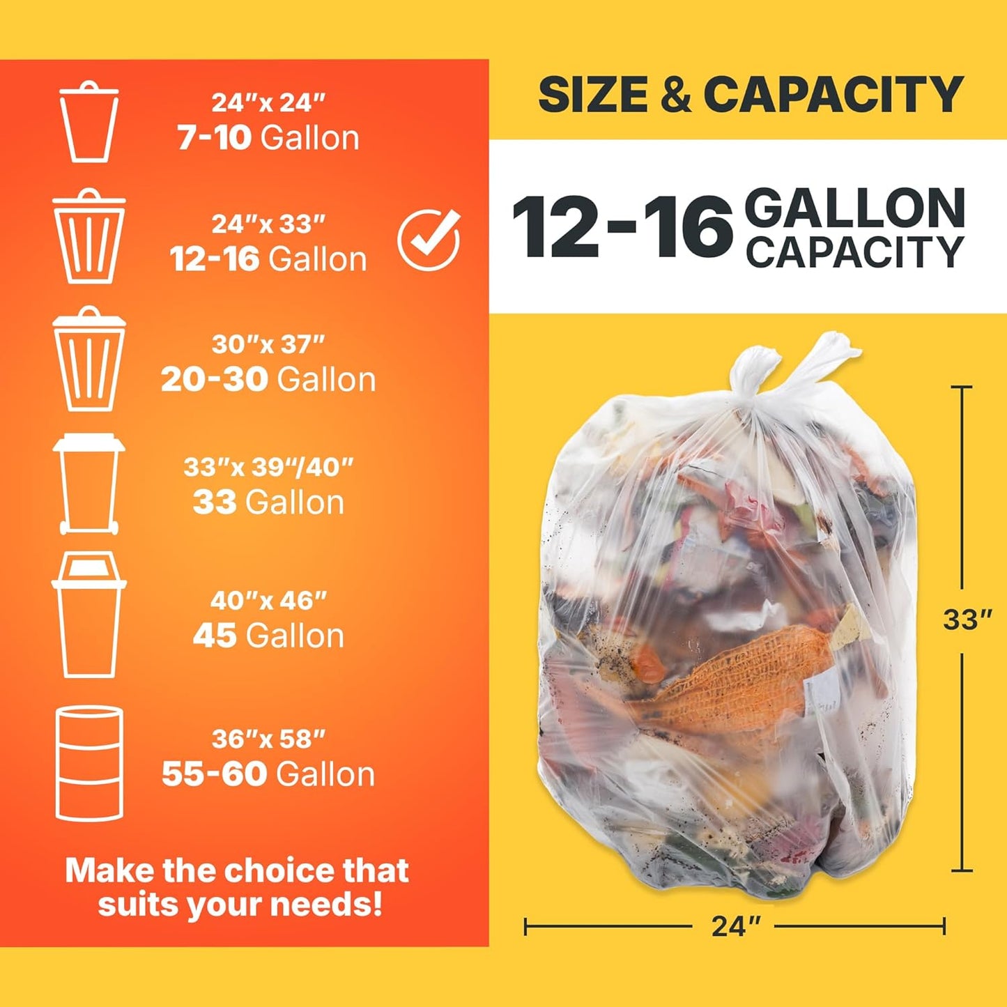 12-16 Gallon Trash Bags, 8 Micron High Density Garbage Can Liners Bulk, 24" x 33", Natural Clear, 1000 Count