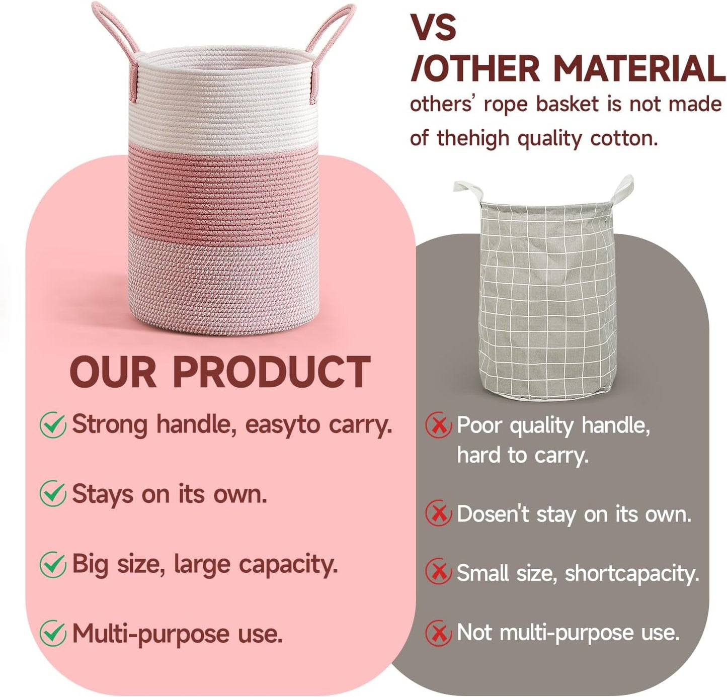 CLHMILY&Z 40L Laundry Basket Round Storage Rope Basket - 13x18 Inches - Pink Hamper in Bedreoom and Cute Storage Bin for Blankets, Toys, and Nursery Essentials