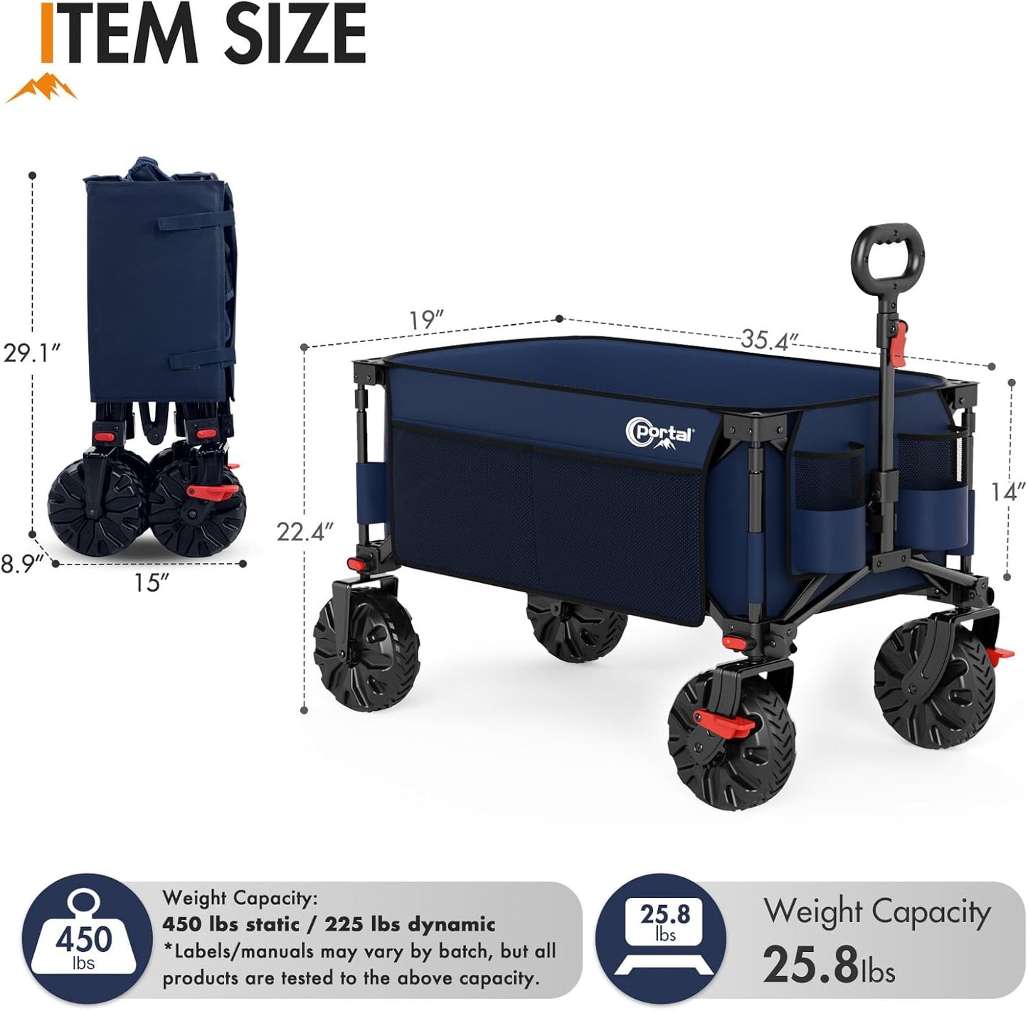 PORTAL Collapsible Wagon with Brakes, Heavy Duty Utility Cart with All-Terrain Wheels, Portable Folding Wagons for Camping, Beach, Garden, Shopping, and Groceries