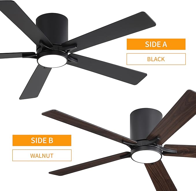 WINGBO 52" DC Flush Mount Ceiling Fan with Lights, 6-Speed Reversible DC Motor, 3CCT, Low Profile Hugger Ceiling Fan for Living Room Bedroom Kitchen, Black Finish and Black/Walnut Blades