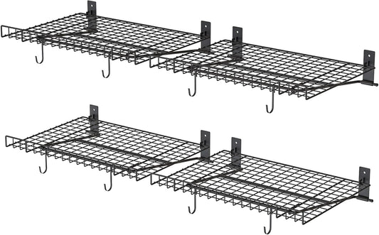 4 Pack Foldable Wall Shelf, Wall Mounted Garage Storage Shelves, Heavy Duty Wall Shelving Supports Up To 180 LBS. Floating Shelves With 8 Hooks Metal Storage Rack for Office, Kitchen and Laundry Room