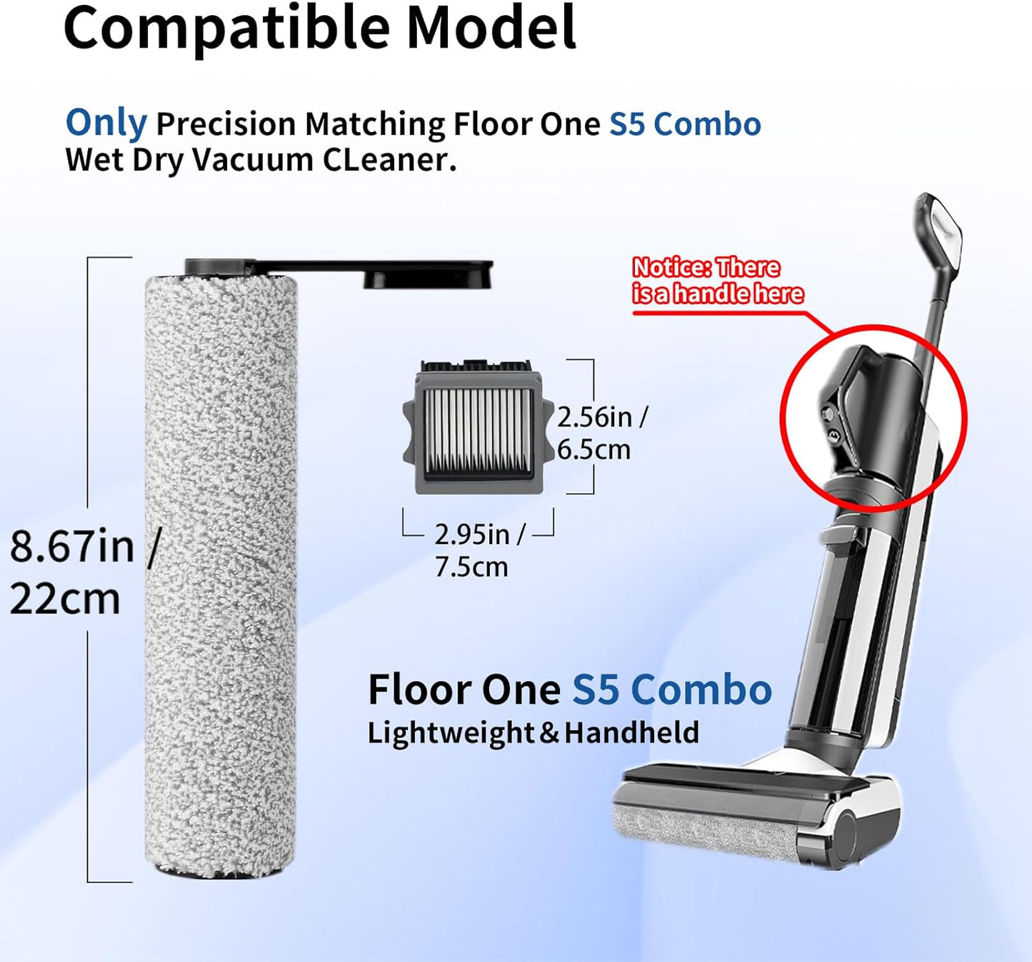 keluke Only S5Combo - Replacement Roller Brush and Filters Compatible with Tineco Floor One S5Combo Wet Dry Cordless Vacuum Cleaner(Not for Others S5 Series Models) 3 Brushes Roller,3 Filters