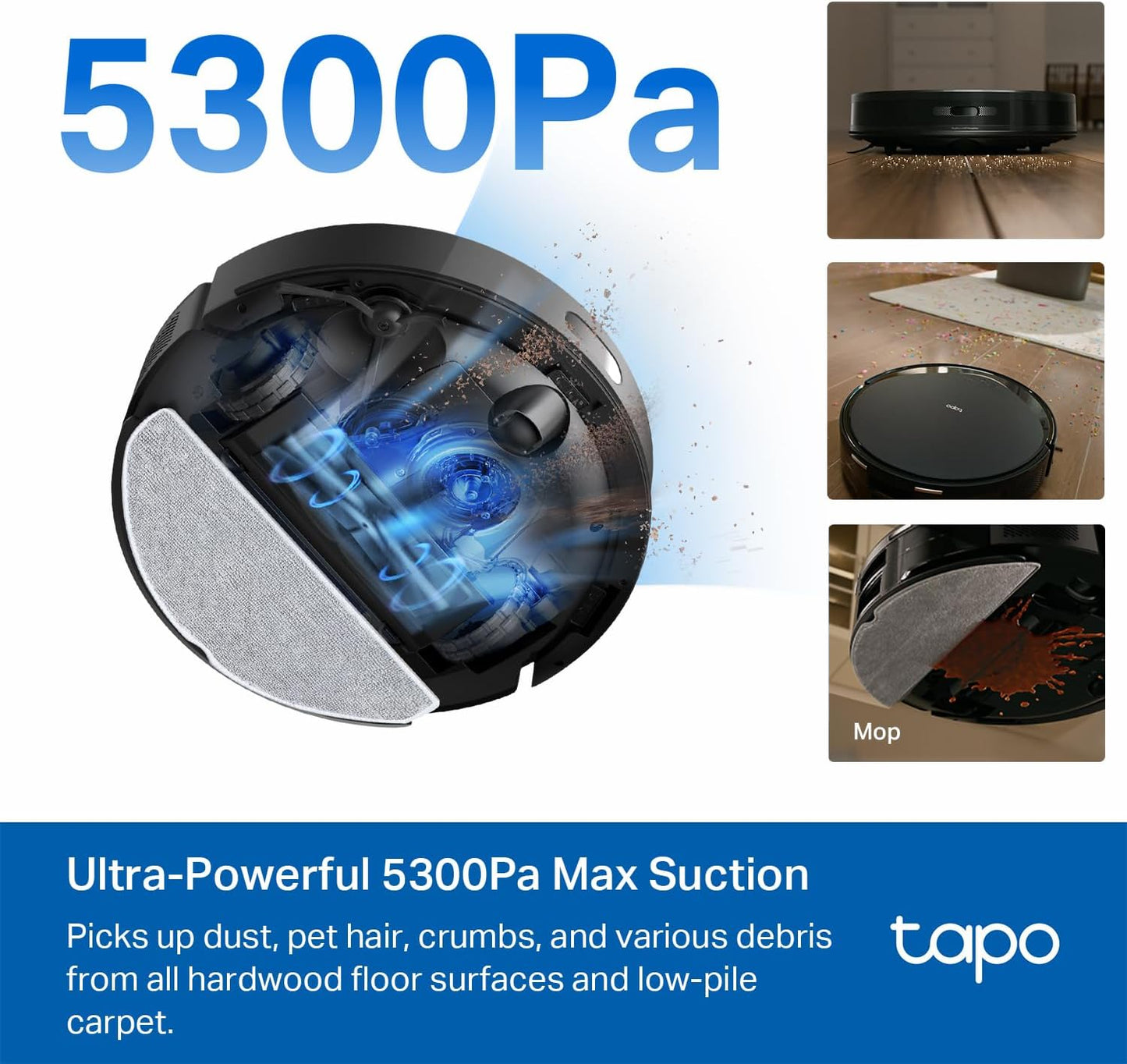 Tapo Ultra-Slim LiDAR Smart Navigation Robot Vacuum and Mop, 5300Pa Max, 97%+ Dust Pickup, Customizable Cleaning, Self-Charging, Works w/Alexa & Google Home, RV20 Max