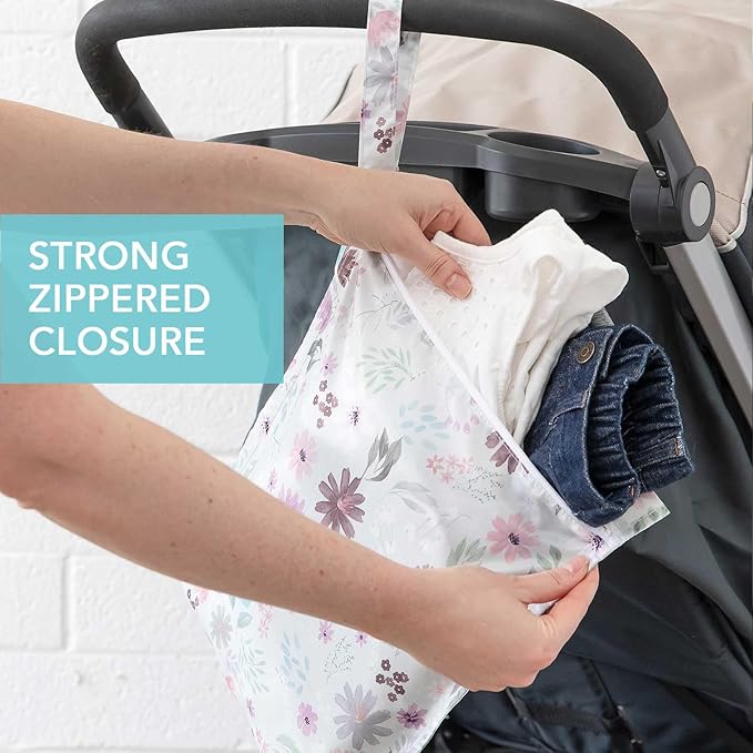 Bumkins Waterproof Wet Bag for Baby, Travel, Swim Suit, Cloth Diapers, Pump Parts, Pool, Beach, Gym Clothes, Toiletry, Hook to Stroller, Daycare, Zipper Reusable Wetdry Packing Pouch, Florals Gray