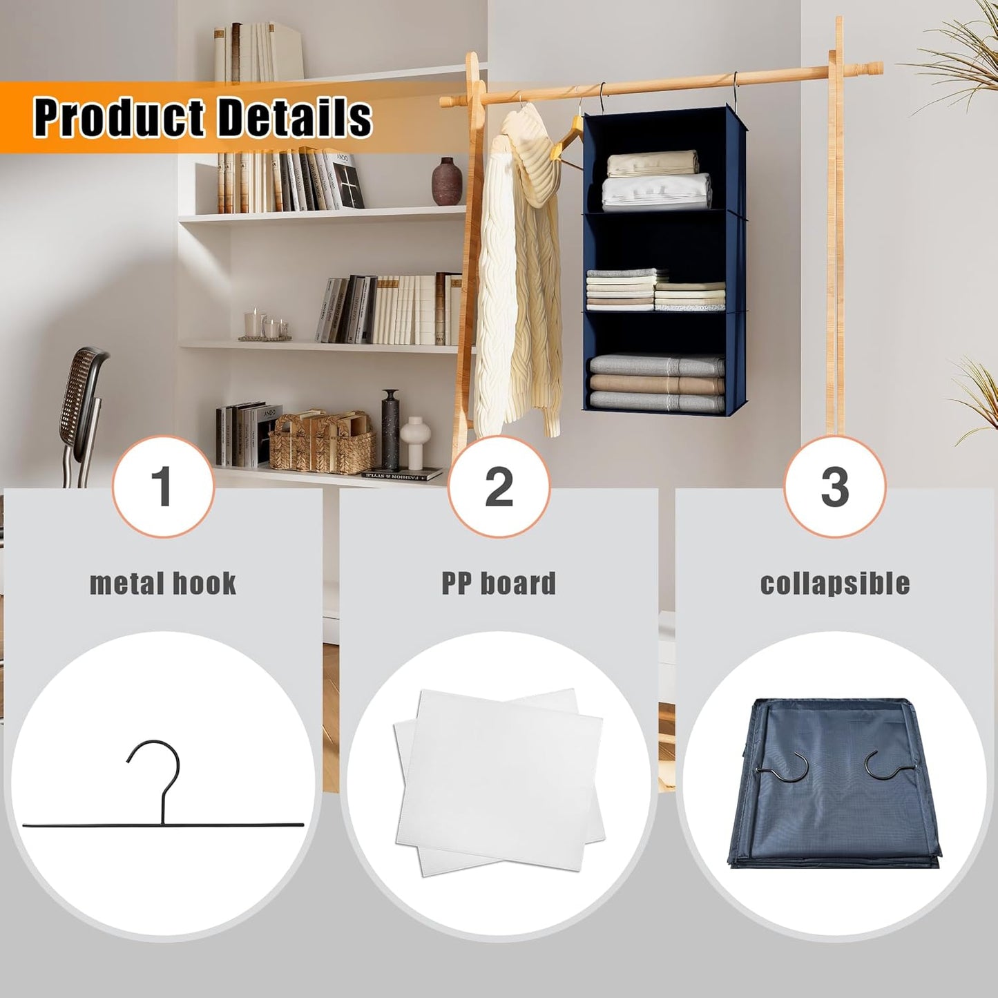 Hanging Closet Organizer - 3-Shelf, Easy Mount Foldable Wardrobe Storage Shelves for Clothes, Handbags, Shoes & Accessories - Washable Oxford Cloth Fabric, Navy Blue