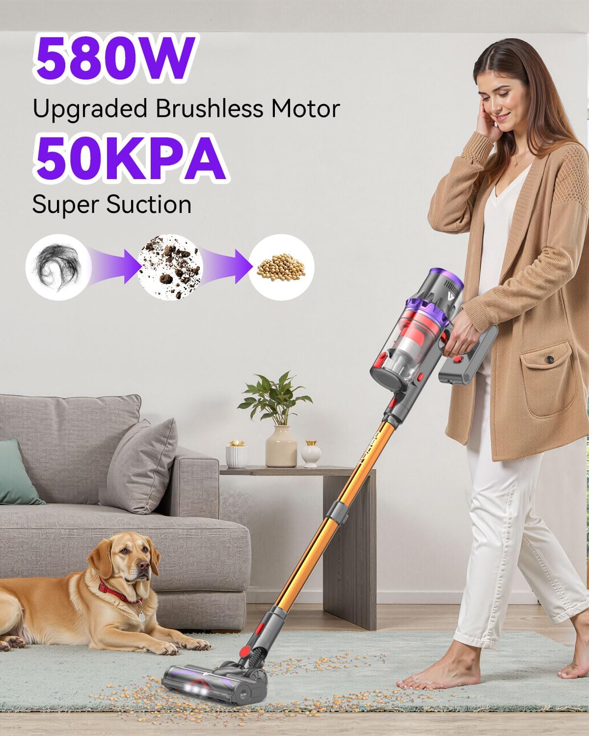 Coovy Cordless Vacuum Cleaner SU7, 580W 50Kpa 75 Minutes Runtime Stick Vacuum with Touch Screen, Anti-Tangle Wireless Powerful Lightweight Vac for Home Pet Hair Carpet Hardwood, Gold