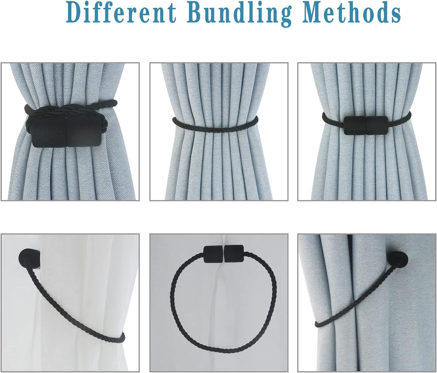 Magnetic Curtain Tiebacks 4 Pack Black Curtain Rope Tieback Curtain Holders for Drapes Modern Tie Backs Decorative Curtain Holdbacks