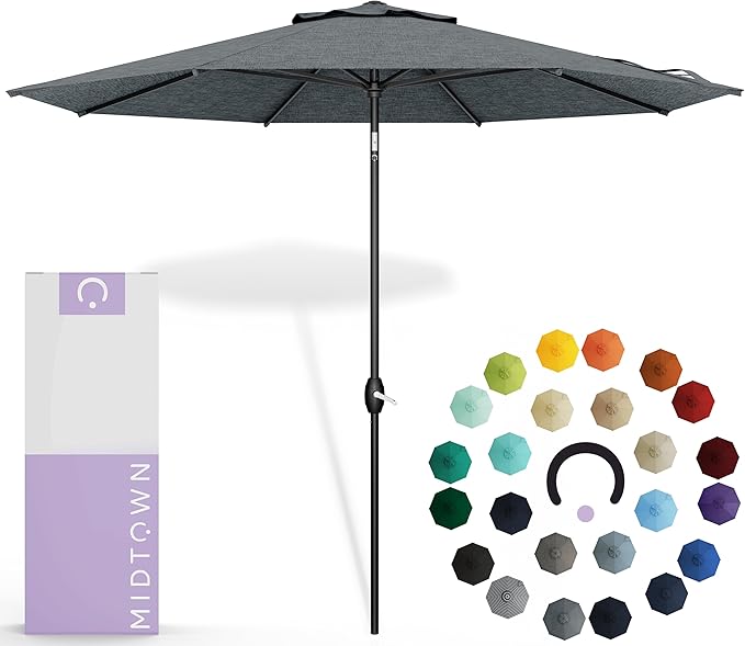 Midtown Umbrellas Sunbrella Umbrella 9 Feet Outdoor Umbrella With Cast Slate Acrylic Fabric - Auto-Tilt Aluminum Frame Patio Umbrella For Backyard, Deck, Garden, Pool - Black Pole