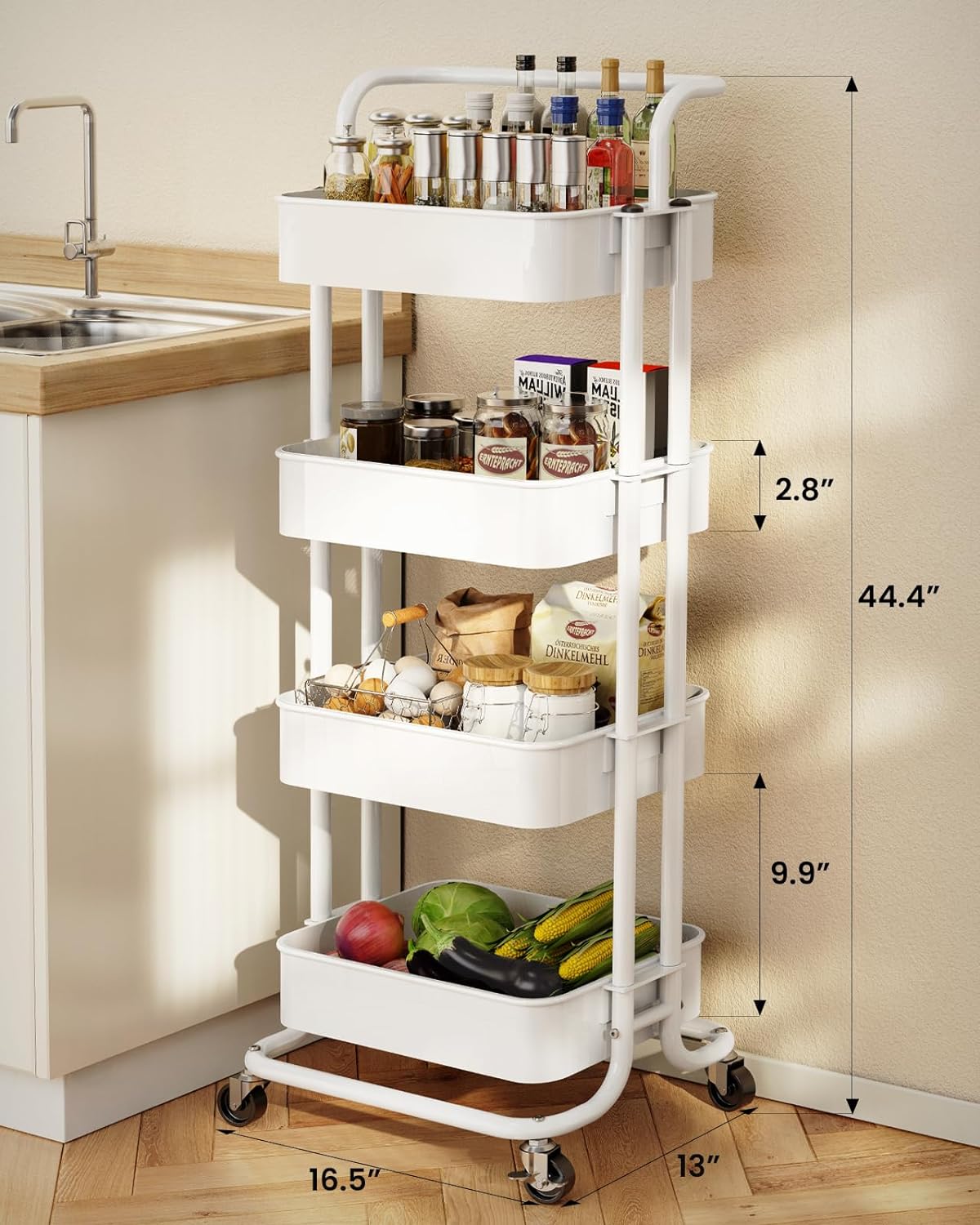 Pipishell 4 Tier Mesh Utility Cart, Rolling Metal Organization Cart with Handle and Lockable Wheels, Multifunctional Storage Shelves for Kitchen Living Room Office White, PIUC12W