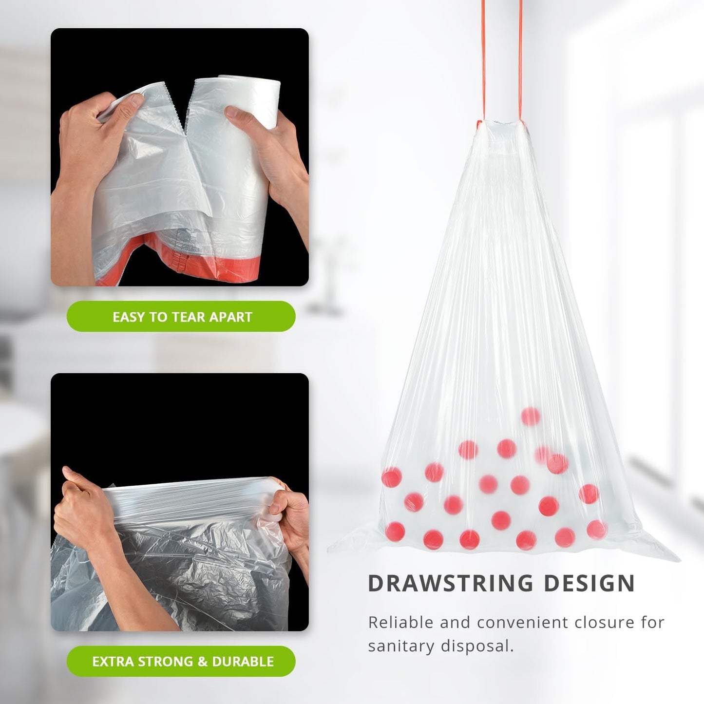 Heavy Duty 15 Gallon Drawstring Trash Bags, 108 Count Ultra Thick Strong Plastic Garbage Bags, Clear Unscented Trash Can Liners for Tall Kitchen Office Lawn Yard