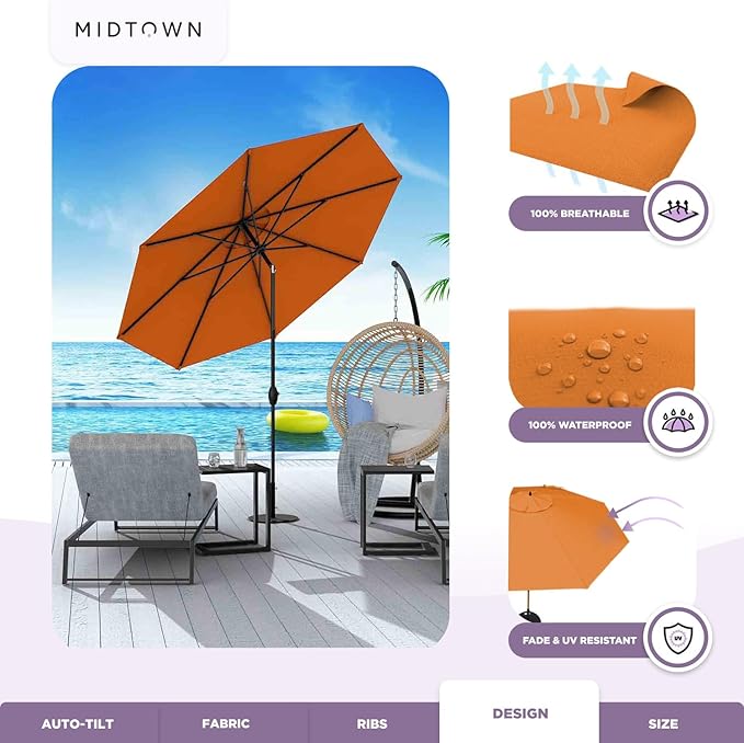 Midtown Umbrellas Sunbrella Umbrella 9 Feet Outdoor Umbrella With Canvas Tuscan Acrylic Fabric - Auto-Tilt Aluminum Frame Patio Umbrella For Backyard, Deck, Garden, Pool - Black Pole