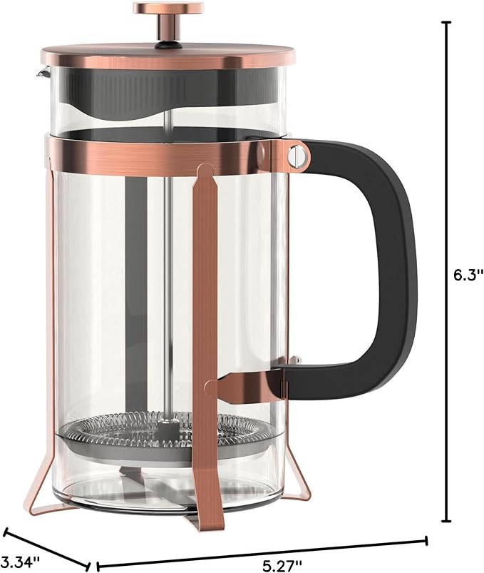 QUQIYSO Coffee Maker 304 Stainless Steel French Press with 4 Filter, Heat Resistant Durable, Easy to Clean, Borosilicate Glass Coffee Press, 100% BPA Free Teapot, 21 ounce, copper
