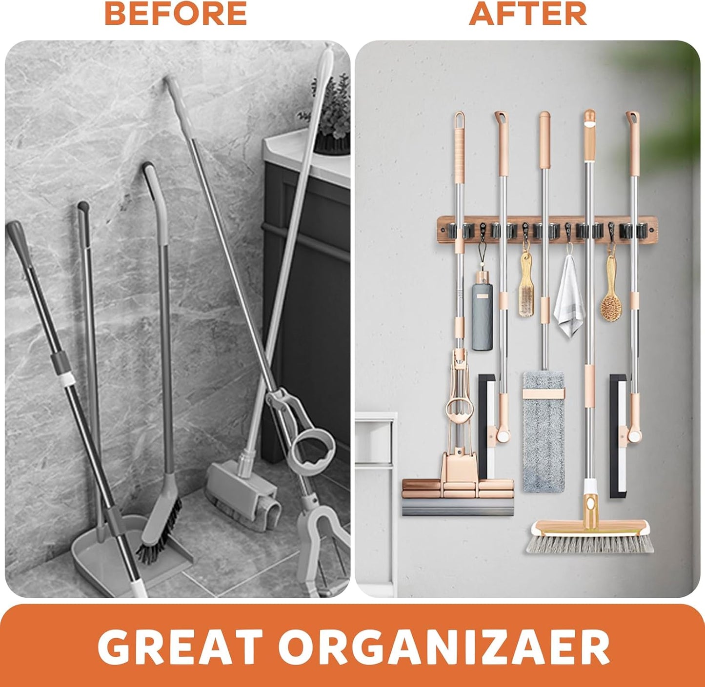 IMILLET Broom Holder Wall Mount, Rustic Wood Broom Hanger with 5 Racks and 4 Hooks, Laundry Room Organization and Storage, Mop Holder for Home Decor, Garden, Garage, Kitchen, Closet