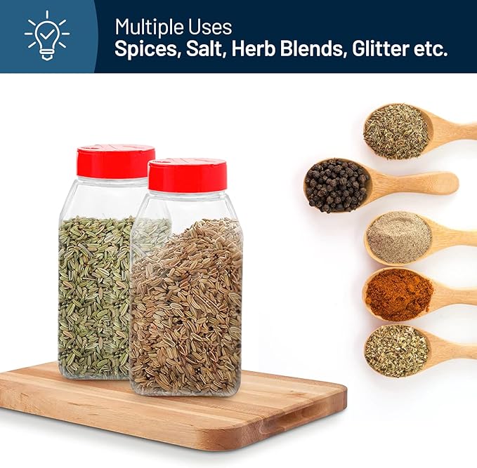 RoyalHouse 6 Pack 32 Oz Plastic Spice Jars with Red Cap, Clear and Safe Plastic Bottle Containers with Shaker Lids for Storing Spice, Herbs and Seasoning Powders, BPA Free, Made in USA