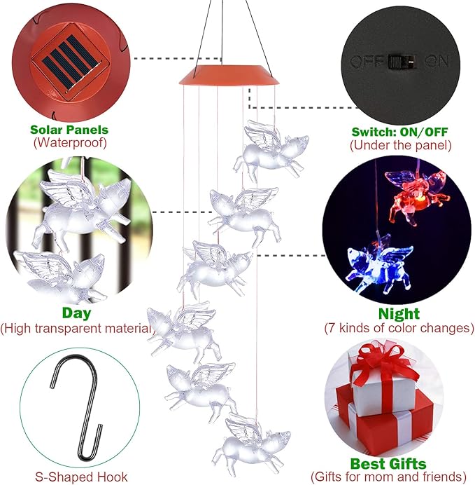 Solar Fly Pigs Wind Chimes, Outdoor Waterproof Mobile Romantic LED Multi Color-Changing Solar Sensor Powered Pig Wind Chimes Lights for Home, Yard, Night Garden, Party, Valentines Gift, Festival Decor