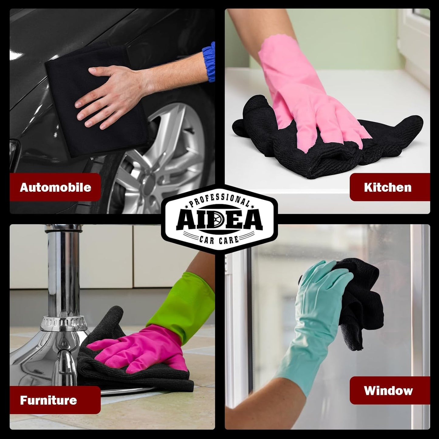 AIDEA Microfiber Cleaning Cloth Black 20PK, Microfiber Towels for Cars, Premium Car Cloth, Dusting Cloth Lint Free Cleaning Rags for SUVs, House, Kitchen, Window, Workshops,12×12"