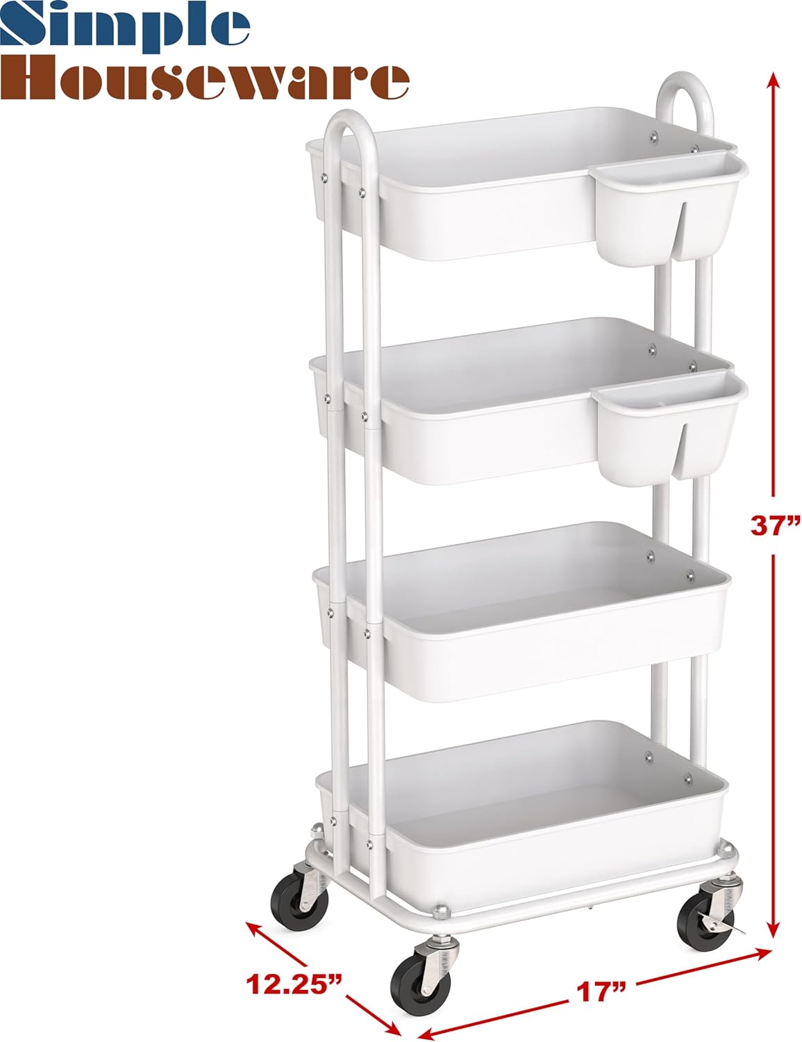 Simple Houseware 4-Tier Multifunctional Rolling Utility Cart with Hanging Buckets, White