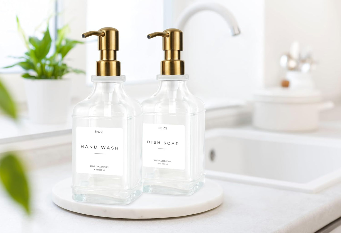 Emerson Essentials Soap Dispenser, Dish Soap Dispenser, Soap Dispenser Bathroom Set, Hand Soap Dispenser, Kitchen Soap Dispenser Set, Glass Soap Dispenser with Pump and Labels | 16 Oz, 2-Pack