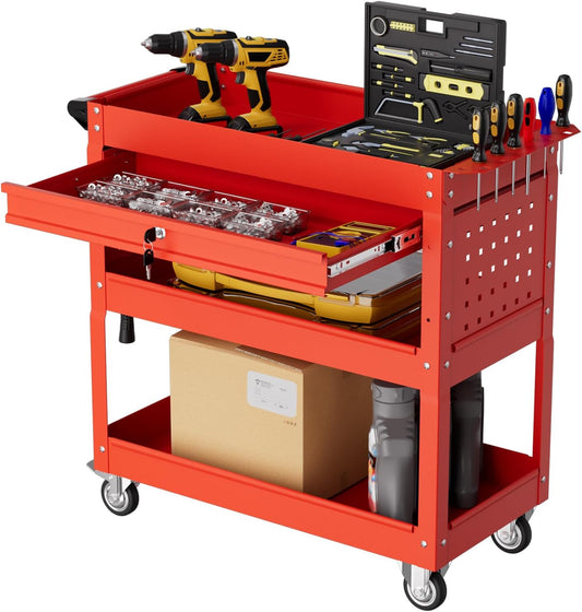 3-Tier Rolling Tool Cart with Drawers, Heavy Duty Utility Storage Cart with pegboard, Lockable Metal Tool Chest on Wheels for Garage, Warehouse & Repair Shop