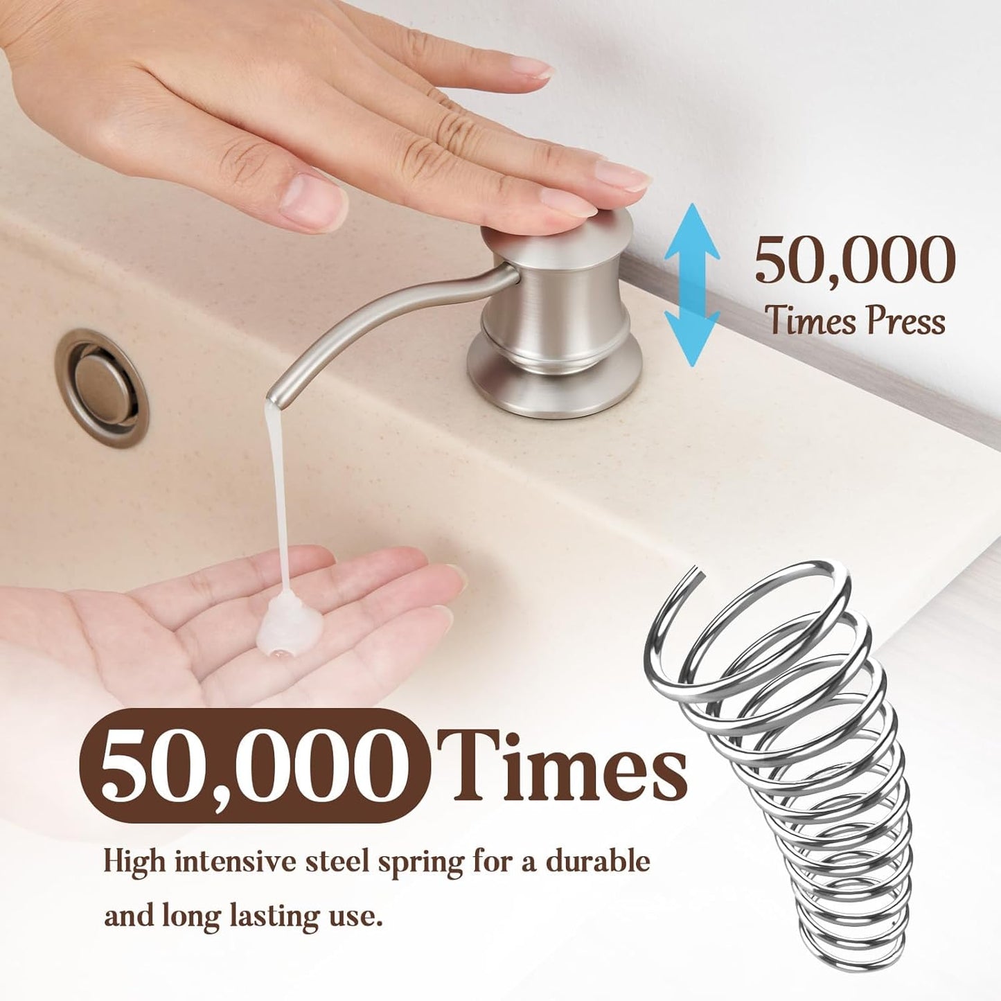 Built in Soap Dispenser for Kitchen Sink Countertop, Solid Brass Pump Head Long Spout with 10.2 Ounce PET Food Safe Material Lotion Bottle, Brushed Nickel Finish