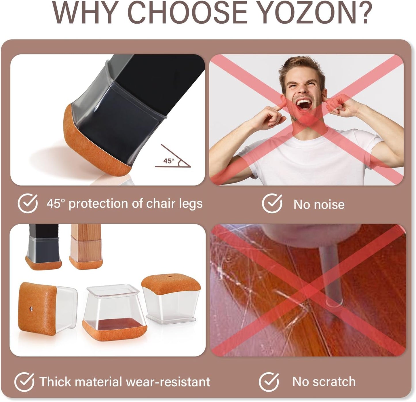 Chair Leg Floor Protectors Chair Leg Protectors for Hardwood Floors Silicone Caps Felt Strengthen Bottom Protection Anti-Scratch Reduce Noise 32 Pack Clear Square XL Fit:1-1/2" to 1-3/4" (38-44mm)