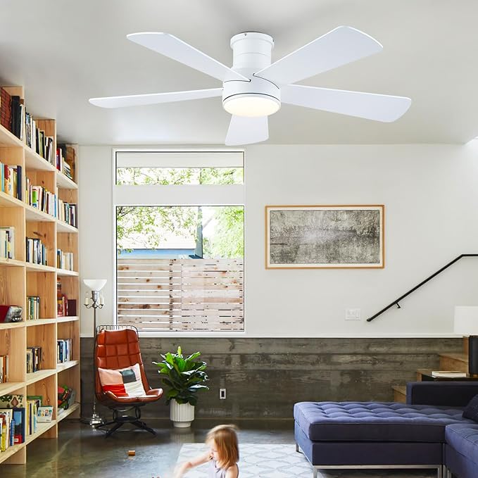 Ceiling Fans with Lights,46-Modern Low Profile Ceiling Fan with Remote Control,5 Dual-Sided Blades,Reversible DC Motor,White Flush Mount Ceiling Fan for Bedroom Indoor/Outdoor Use